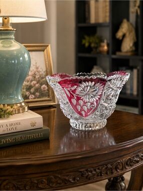 Vintage Clear & Cranberry Cut Glass Bowl